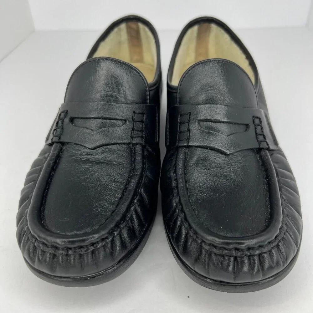 SAS Womens Black Penny Handsewn Leather Soft Teel Heel Slip-On Size 7 Loafers